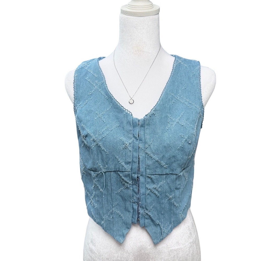 Kirious‎ Cotton Denim Corset Vest Blue Distressed Lace Trim Medium Boho Festival - Picture 3 of 12